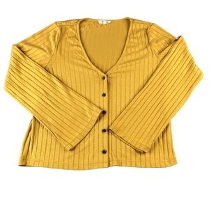 Madewell Womens Large Gold Yellow Ribbed Bell Sleeve V Neck Cardigan Sweater